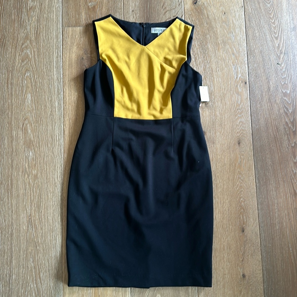 Kasper knee length dress, size 12, black & Dijon, polyester & elastine